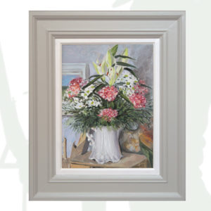 2018-63-Oil-Landscape-Carnations, Lilies and Daisies-framed-background
